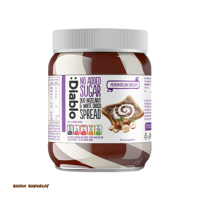 5060309490488 شکلات صبحانه فندقی دو رنگ بدون شکر دیابلو Diablo وزن 350 گرم