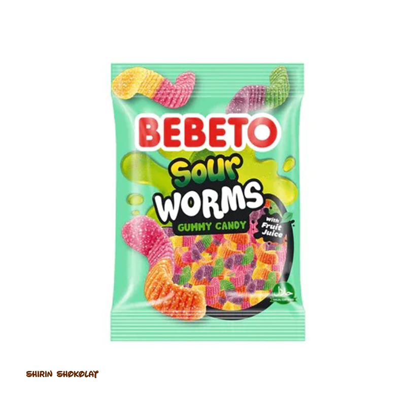 8690146659112 پاستیل ببتو BEBETO مدل SOUR WORMS کرم ترش 80 گرمی